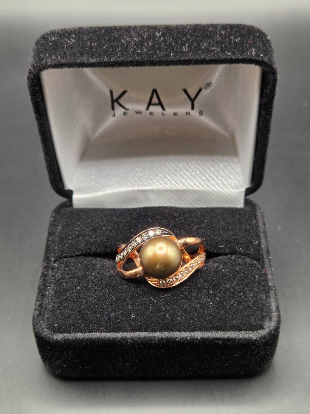 Le Vian 14K Strawberry Gold Cultured Chocolate Pearl and Diamond Ring Size 7